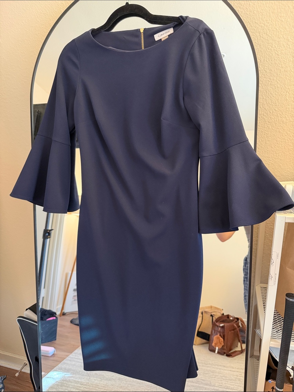 Calvin Klein Navy Midi Dress with Bell Sleeves
